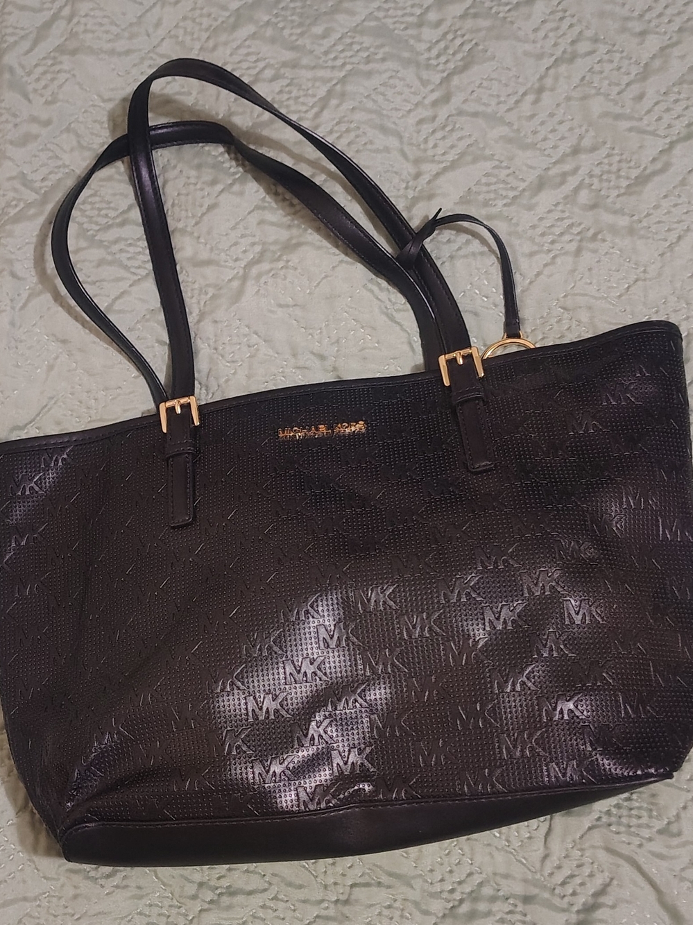 Michael Kors Black Logo-Embossed Tote with Gold Accents